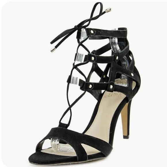 Vince Camuto Claran Black Suede Leather Stiletto Lace Up Heels - Picture 2 of 12